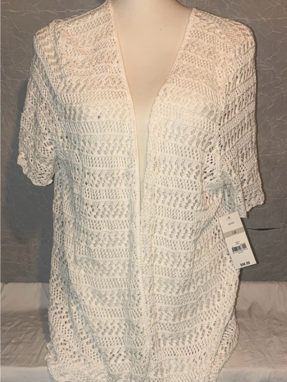 NWT Kim Rogers White Crochet Open Front Cardigan 1X Boho Layering Piece